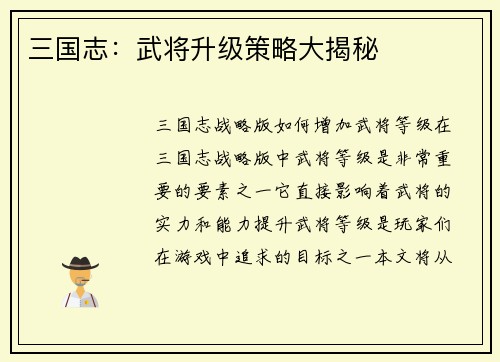 三国志：武将升级策略大揭秘